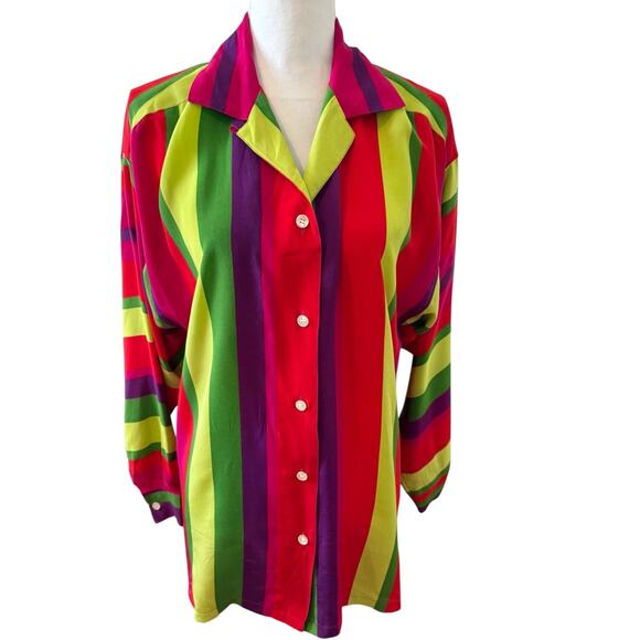 Vintage Liz Claiborne Colorful Stripe Silk Button Down Shirt Red Purple Green 8 - Picture 1 of 6